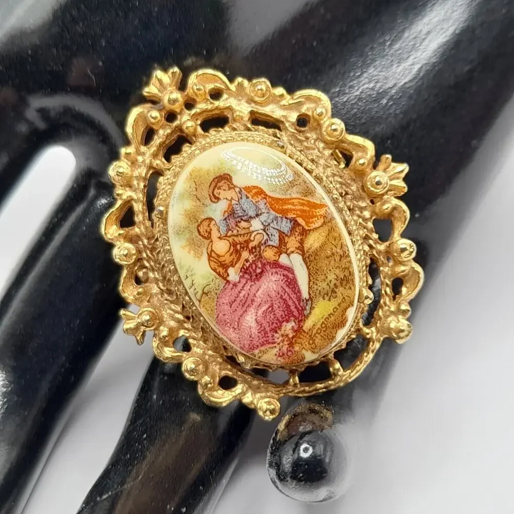 Vintage Courting Couple Porcelain Enamel Pin Brooch, 1960s, Signed